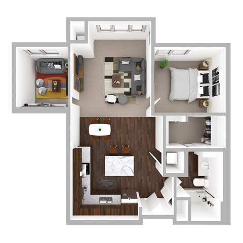 Floor plan for 1 bed, 1 bath, 943 sqft